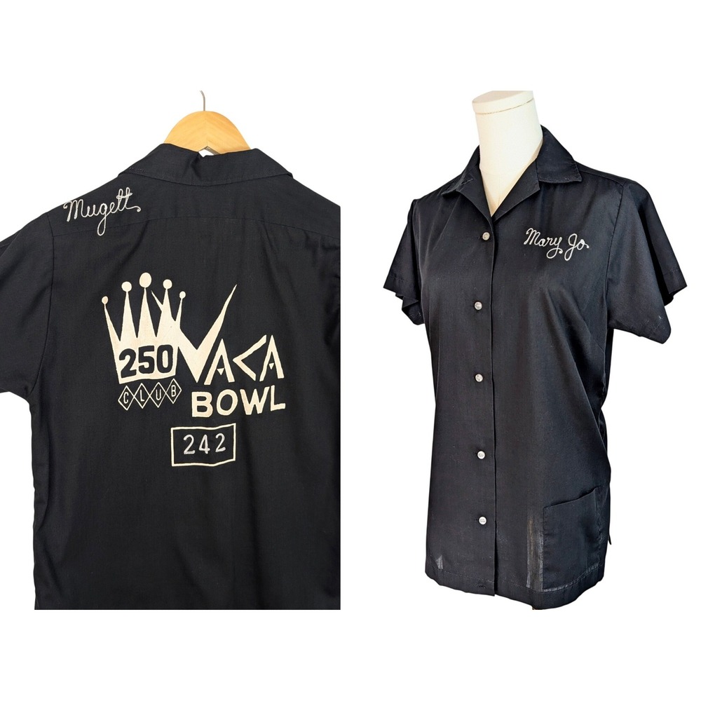 Vintage 50's Hilton Bowling Shirt MCM Black Chainstitch Embroidered button down